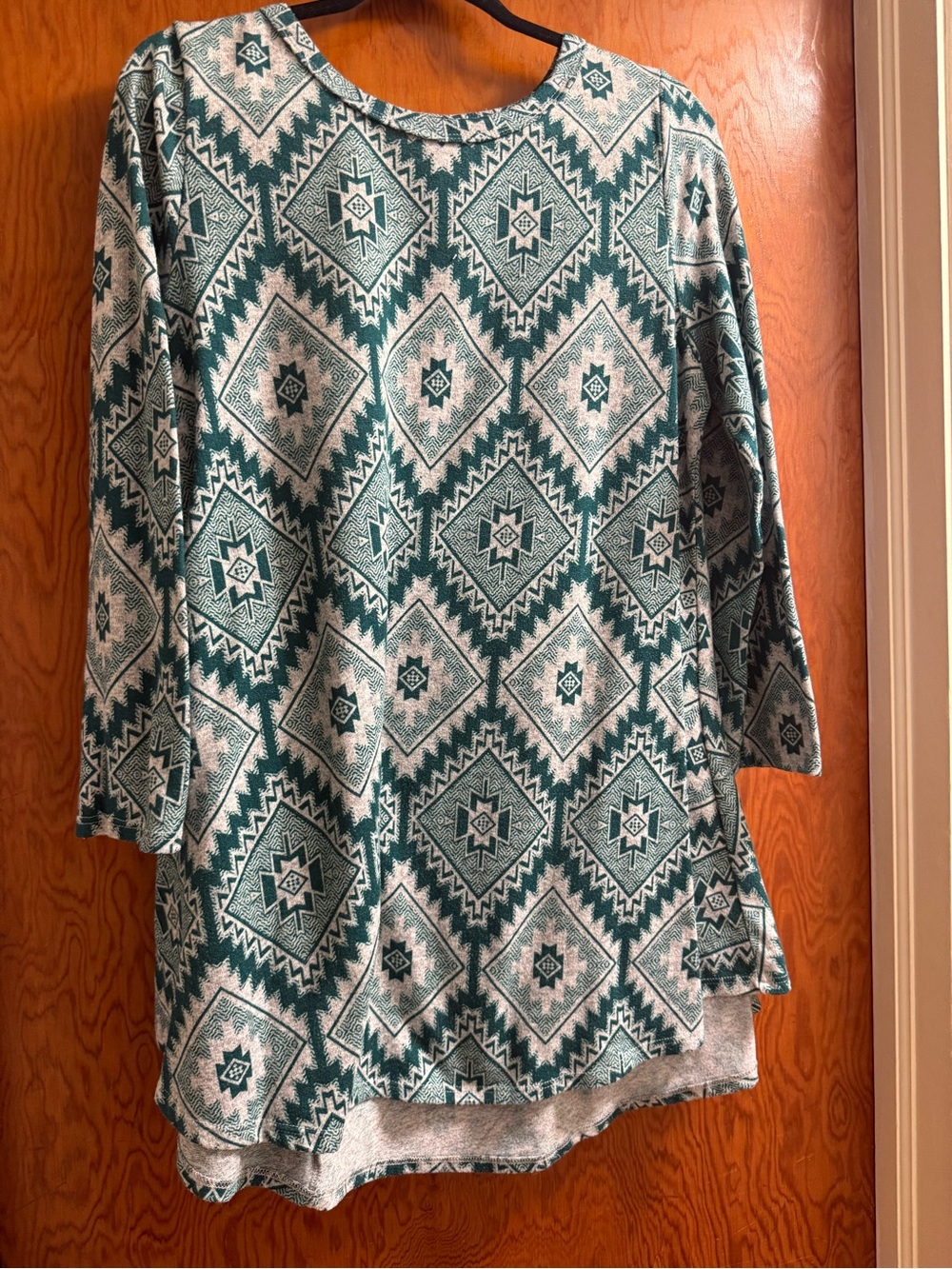 Women's Teal Geometric Long Sleeve Tunic Dress